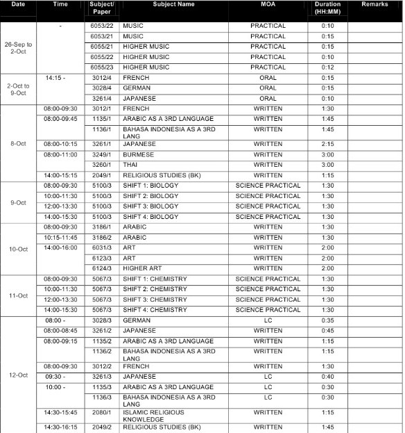 新加坡O水准考试时间