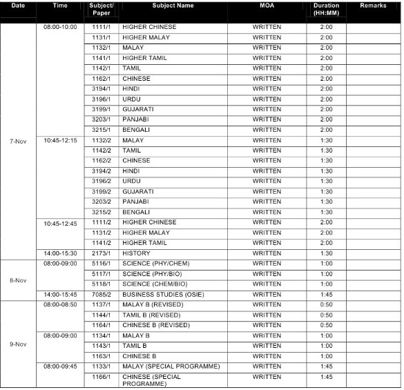 新加坡O水准考试时间表