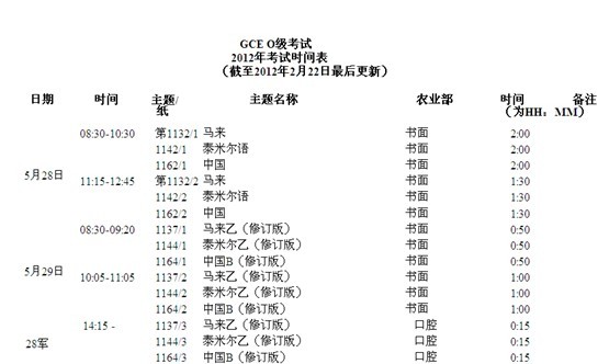 新加坡O水准考试时间